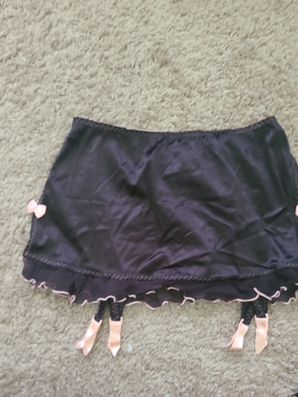 Victoria's Secret Black Satin Garter Skirt with Pale Pink Accents